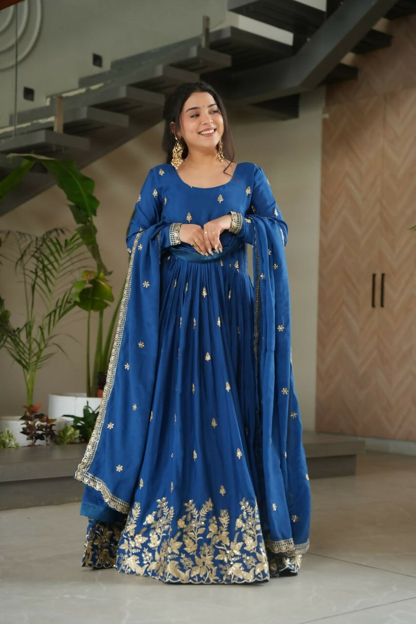 Teeya Creation Blue Color Chinon Silk Party Wear Long Gown