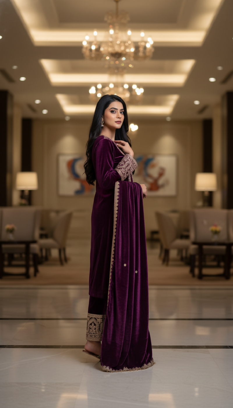 Joban Fashion Purple Velvet Embroidery Sequence Work Readymade Kurta Set