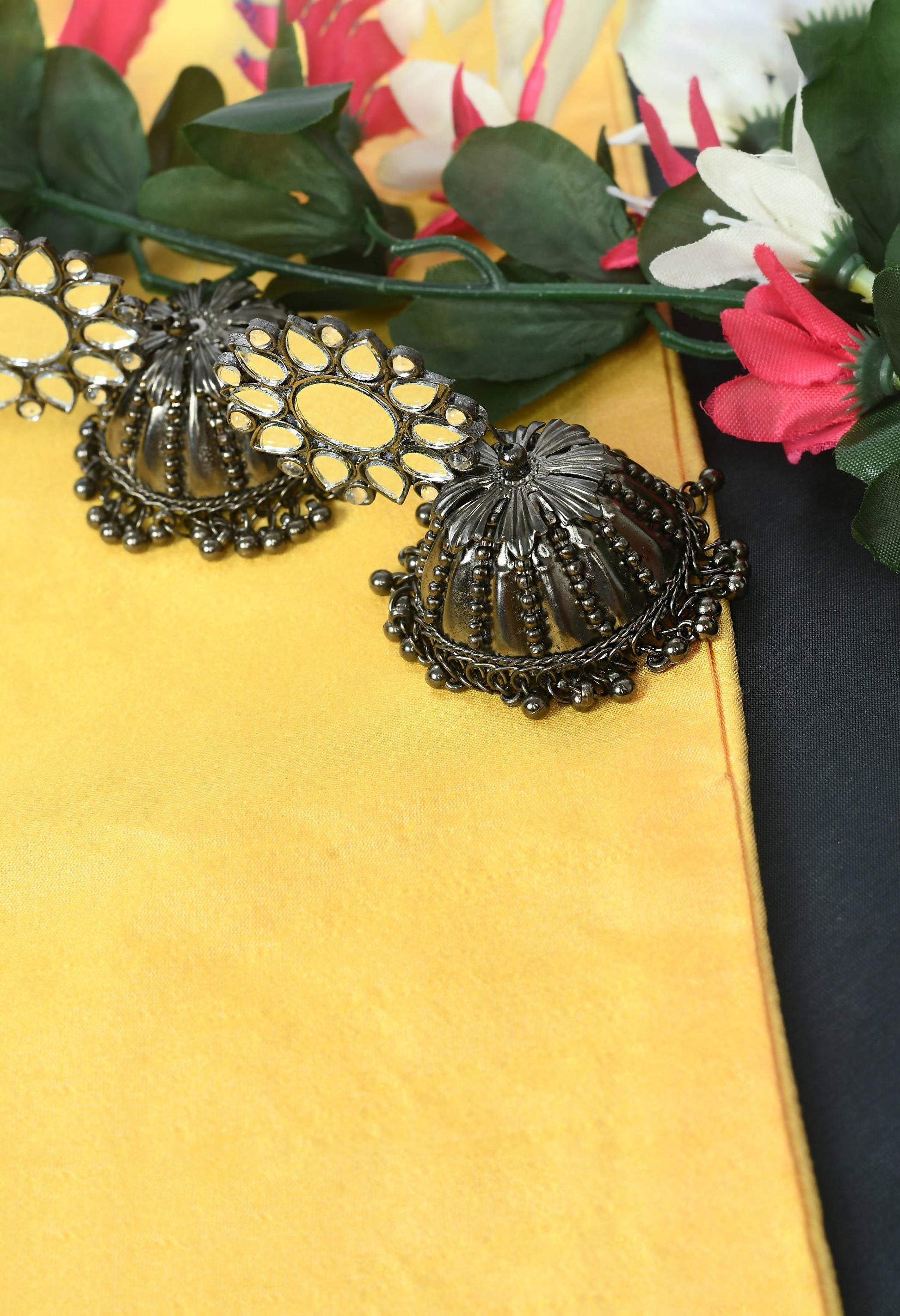 Mominos Fashion Johar Kamal Silver-Plated With Mirror Earrings Jhumkas - Grab2buy