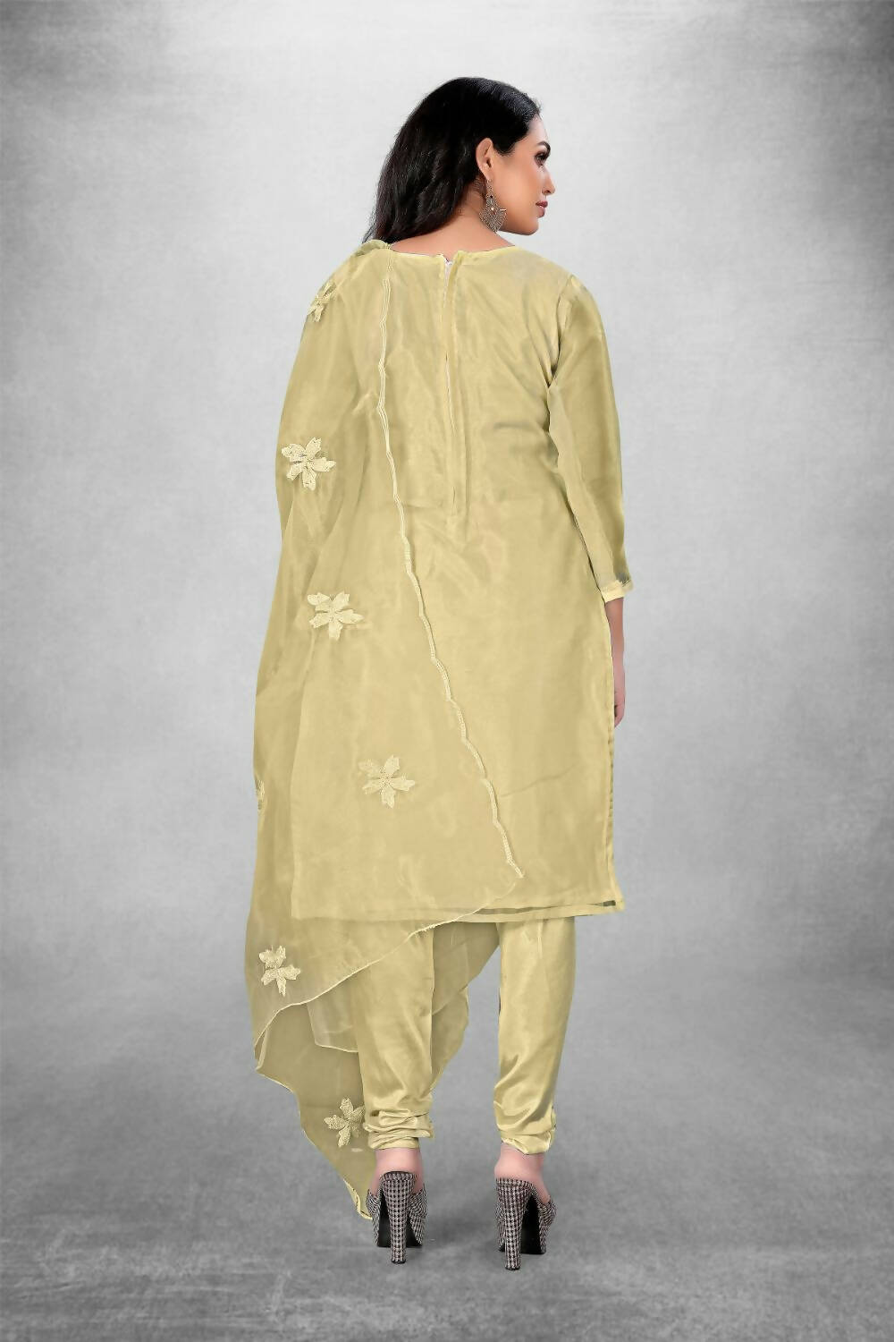Beige Heavy Organza Silk Embroidered Unstitched Dress Material - Amara