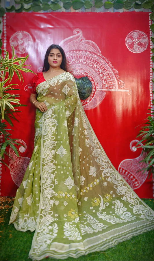 Exclusive Collection Handloom Dhakai Jamdani Grab2Buy - Olive