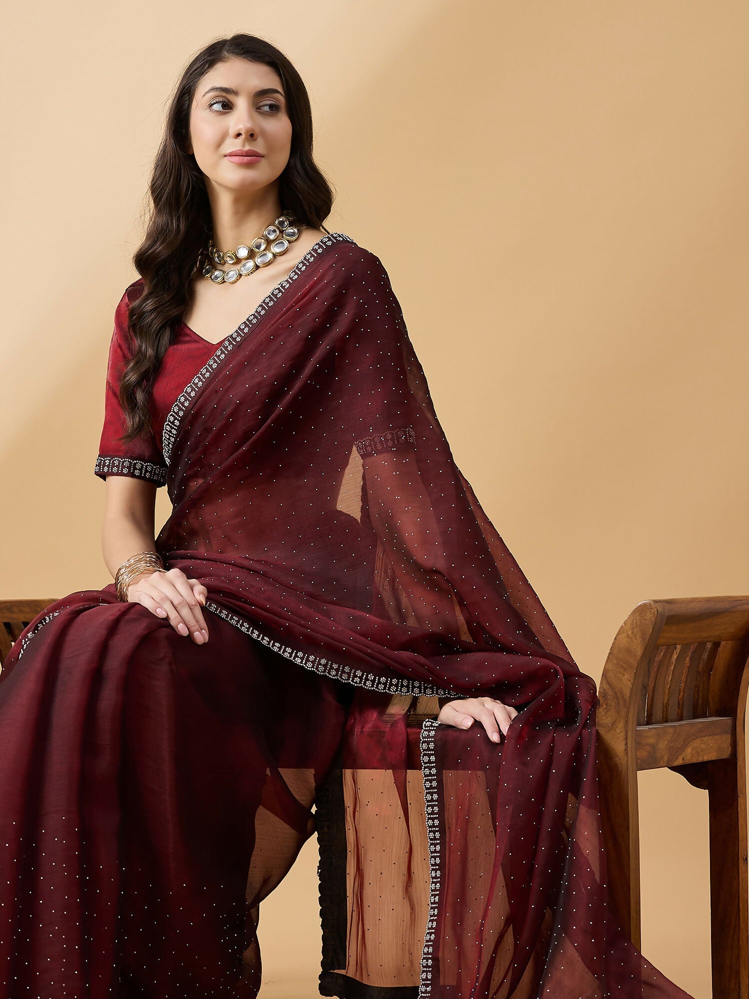Brown Organza Swaroski Diamond Work Saree with Unstitched Blouse - Radha