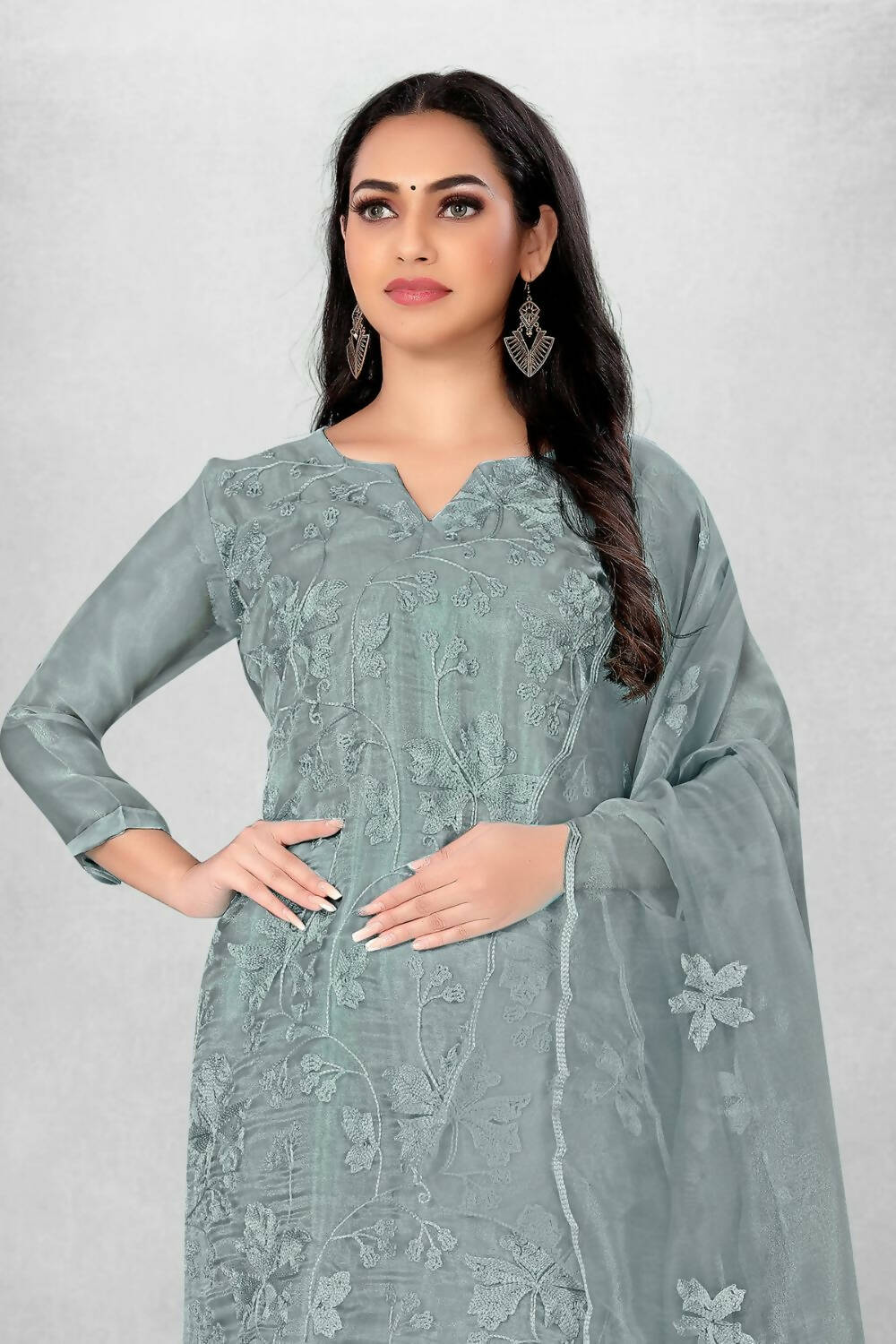 Grey Heavy Organza Silk Embroidered Unstitched Dress Material - Amara