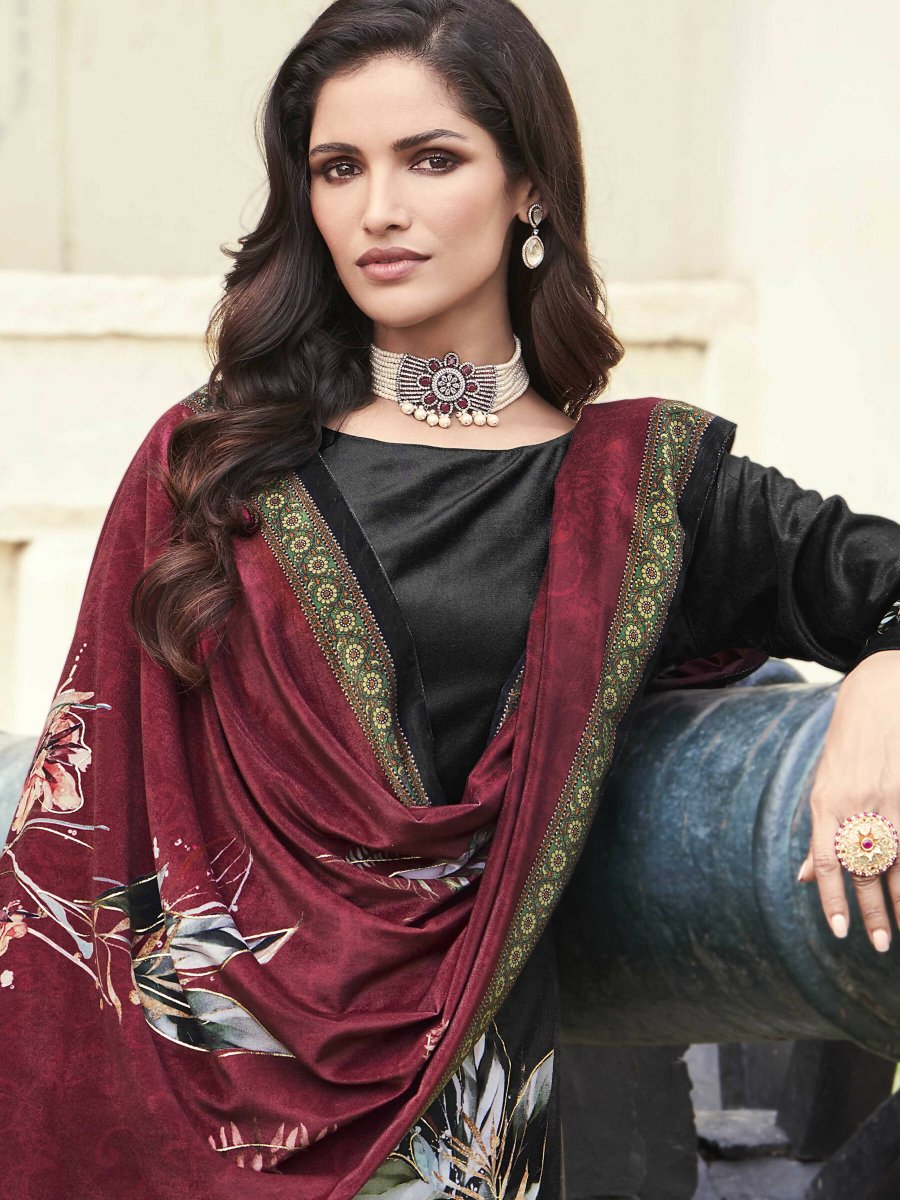 Aastha Fashion Women's Black Velvet Floral Digital Printed Kurta with Trouser & Dupatta - Grab2buy