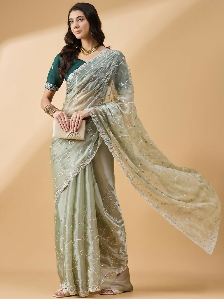 Green Organza Sequence Embroidered Saree with Unstitched Blouse - Satya