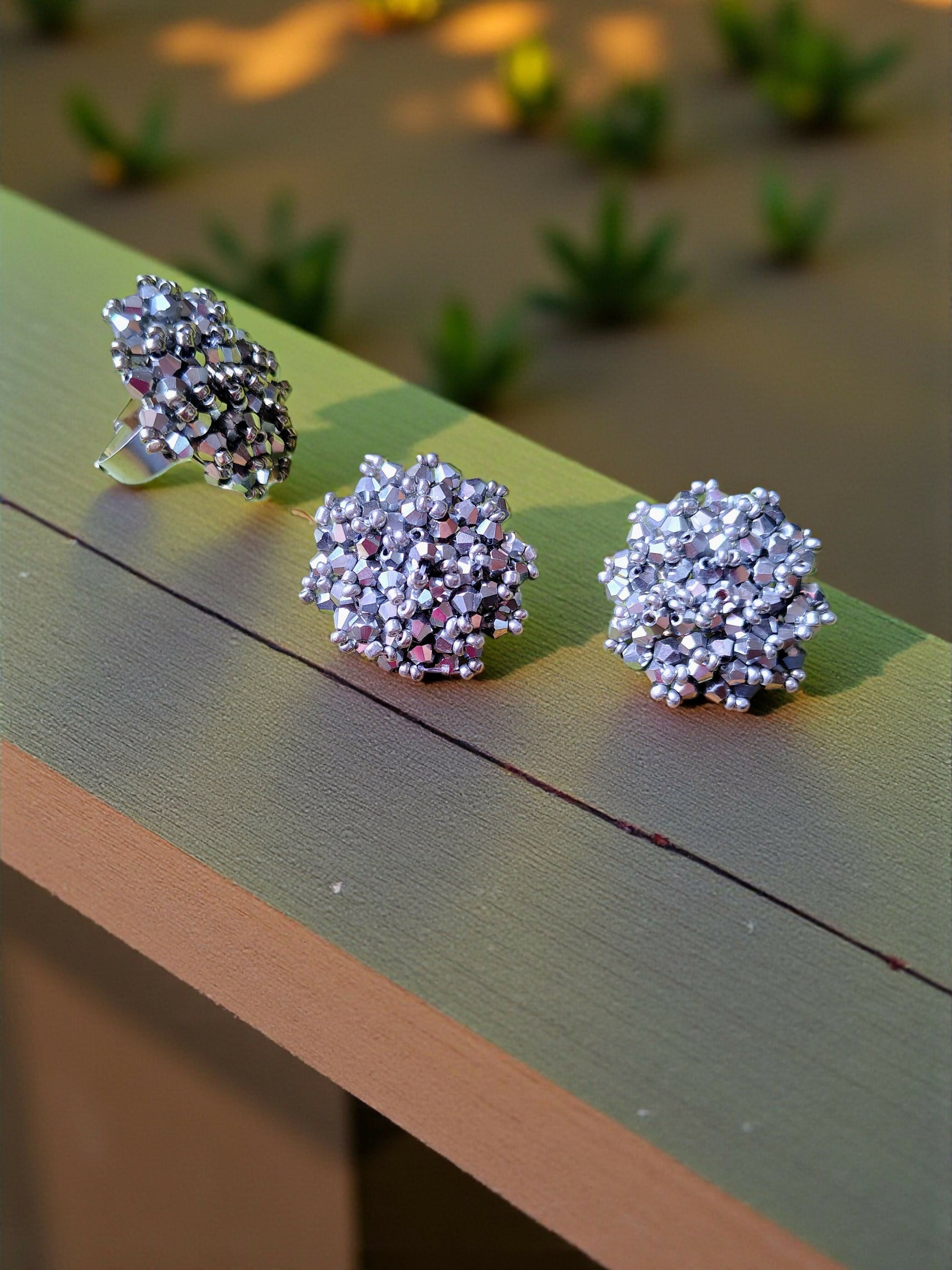 Inhanns Rangmani Crystal Duo – Adjustable Ring + Statement Earrings Set - Silver