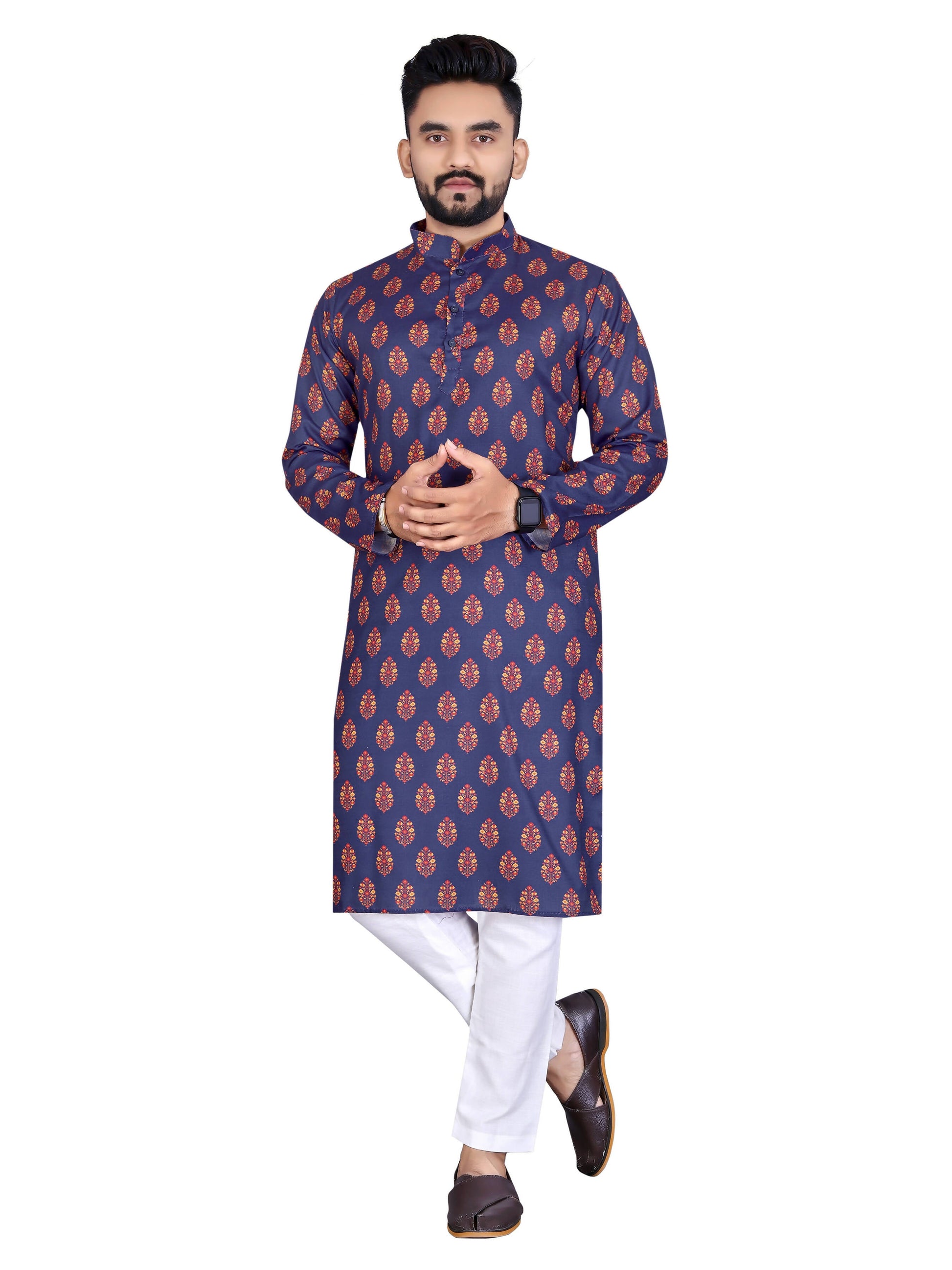 Mens Navy Blue Cotton Printed Kurta - Mahotsav