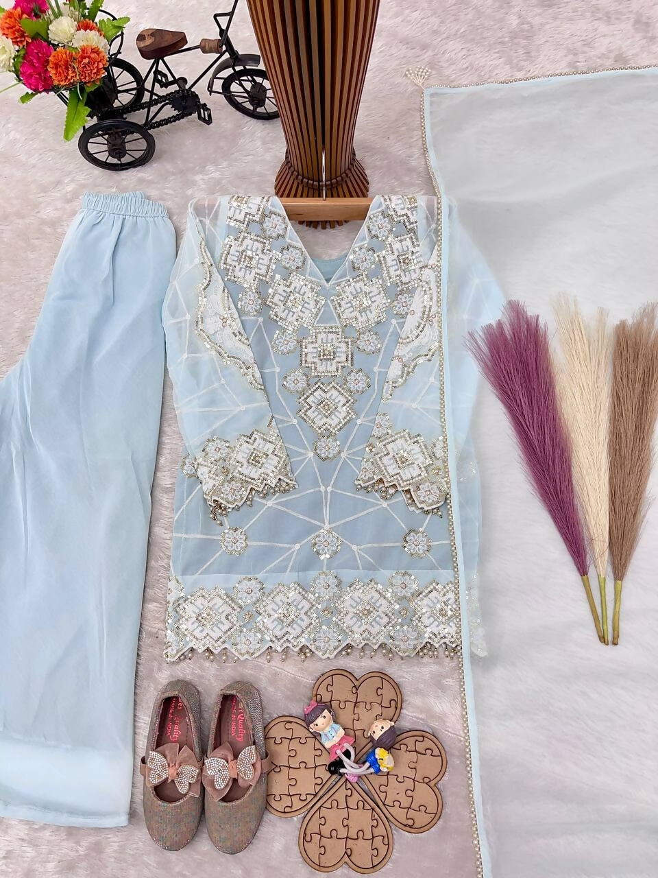 Teeya Creation New Kids Latest Trendy Kurta Palazzo Set-Blue