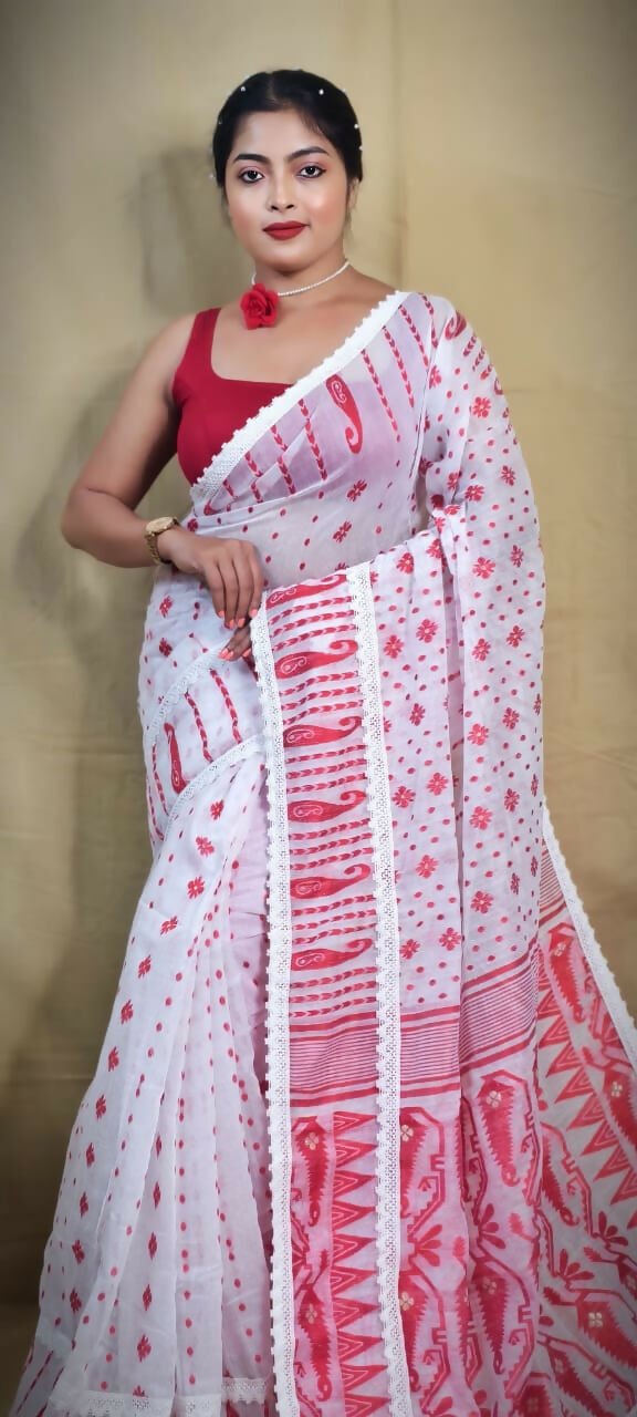 Exclusive Collection Beautiful White Red Jaal Jamdani Grab2Buy 