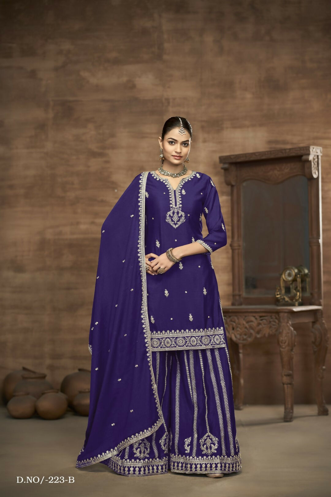 Anaita Blue Chinon Silk Embroidered Stitched Sharara Suit
