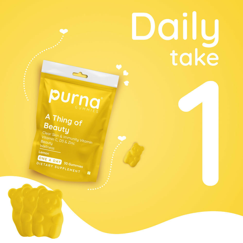 Purna Gummies Vitamin C Lemon Gummies with Vitamin D3, and Zinc for Immunity & Clear Skin 