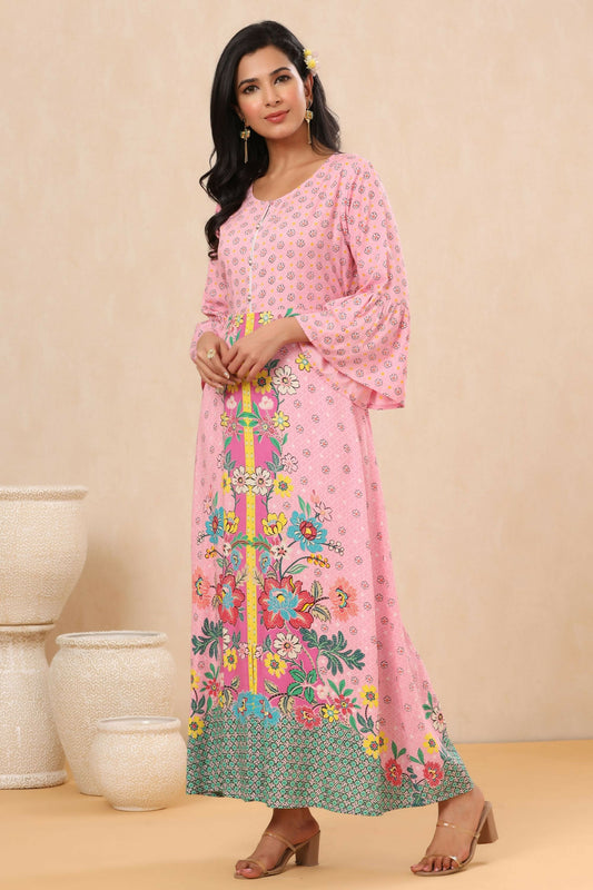 Juniper Pink Floral Printed Rayon Kurta With Buttons Closure At Back