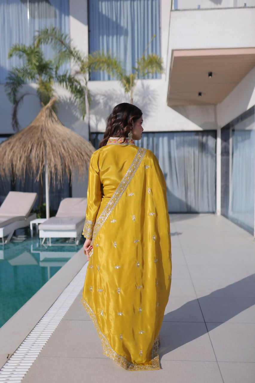 Teeya Creation Womens New Yellow Silk With Rich Zari Coding Embroidered Work Kurta Pant Set