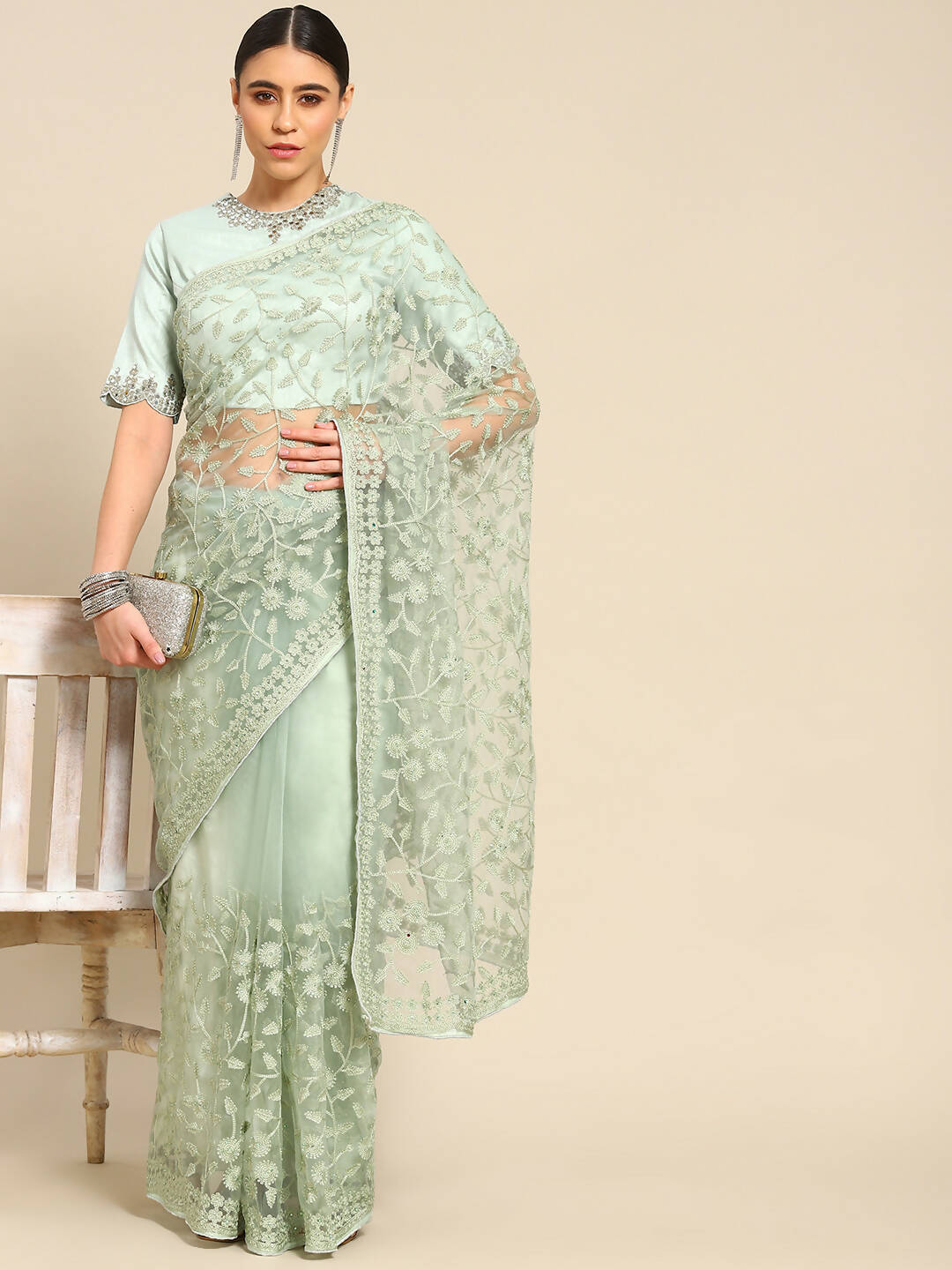 Green Woven Design Net Saree with Blouse Piece - Kalamkari