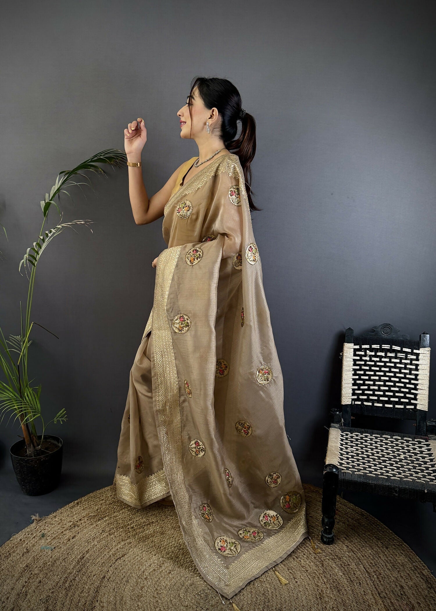 Joban Fashion Mud Brown Handloom Banarasi Organza Silk Khatali Butta Work Grab2Buy 