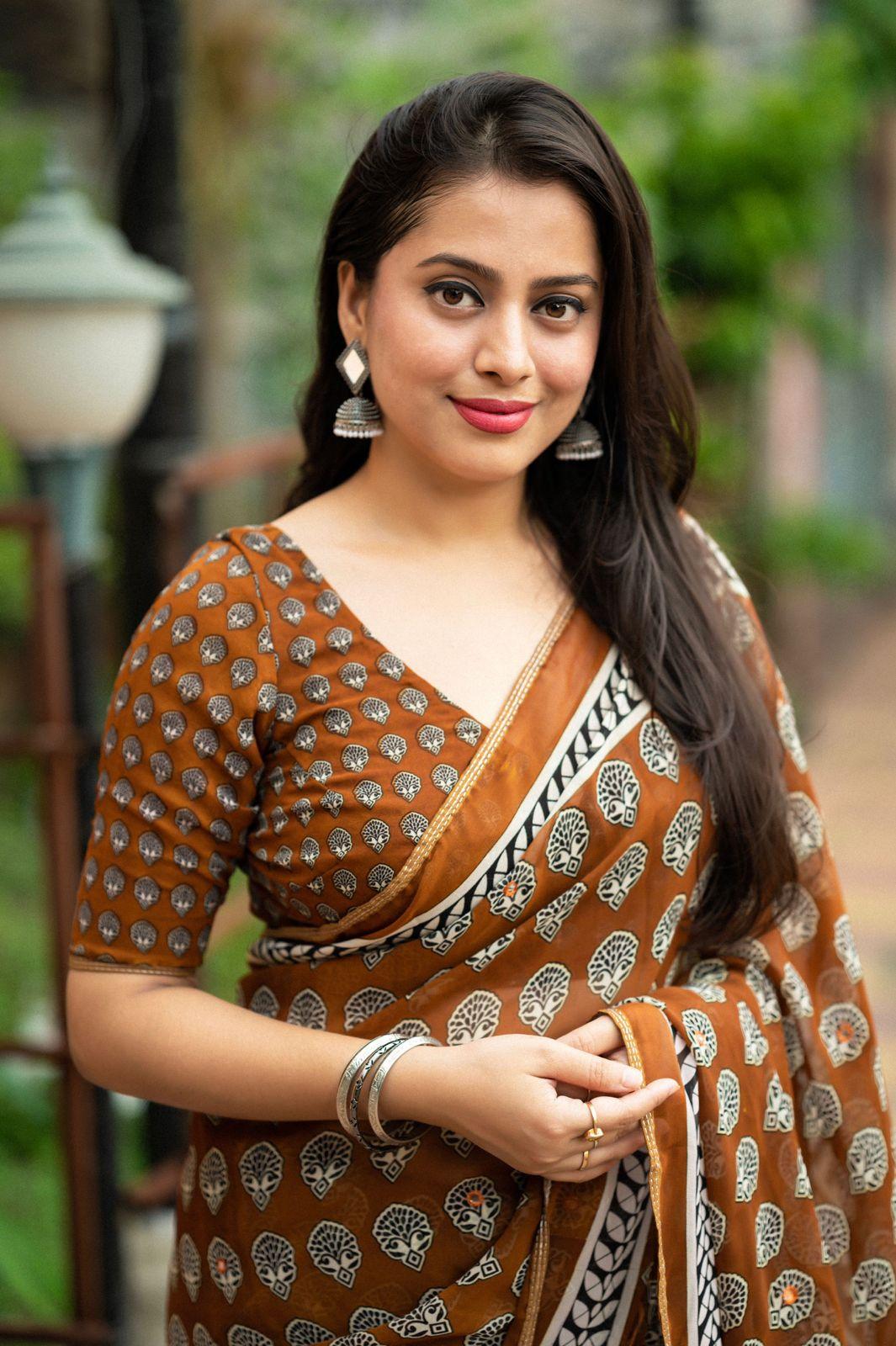 Mustard Poly Georgette Ajrak Saree with Unstitched Blouse - A2M