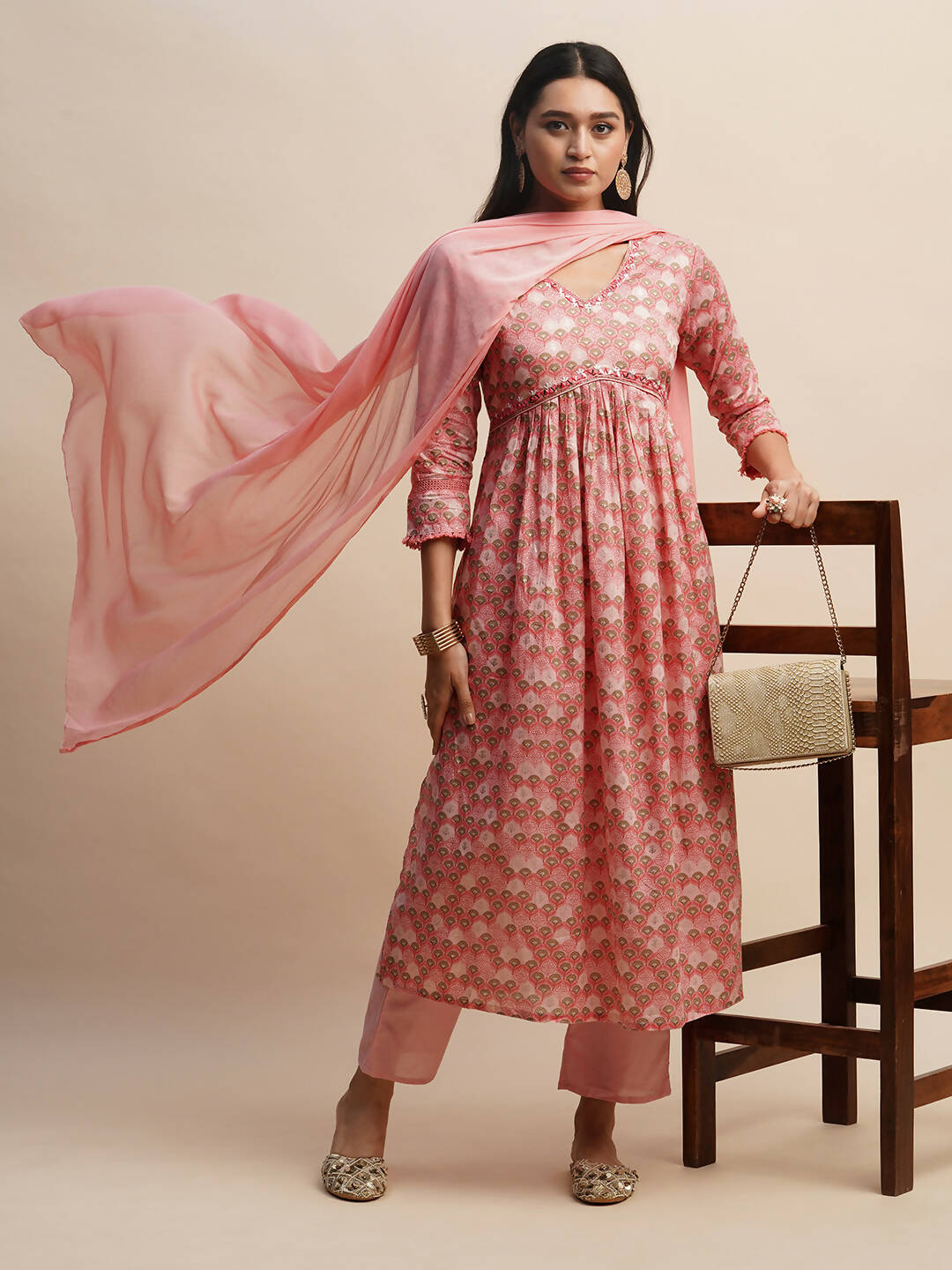 Pink Pure Cotton Floral Printed Naira Cut Kurta And Bottom With Dupatta - Akashara
