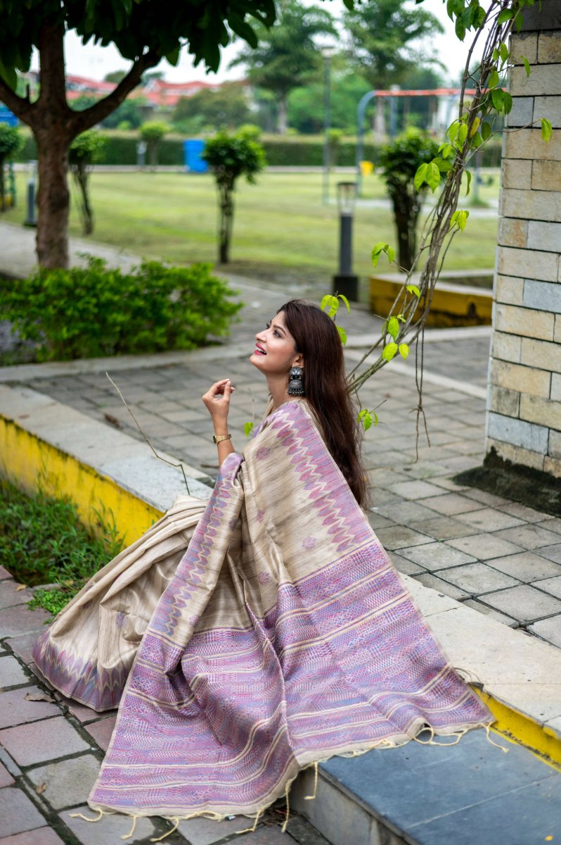 Aastha Fashion Purple Thread Woven Handloom Tussar Silk Saree with Blouse - Grab2buy