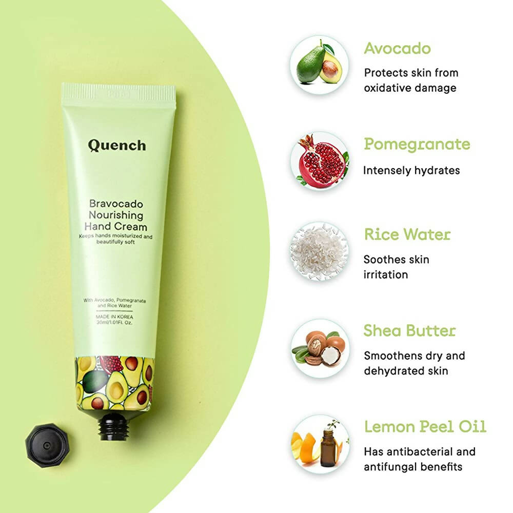 Quench Botanics Bravocado Nourishing Hand Cream With Avocado, Rice Water & Pomegranate, Korean Beauty 