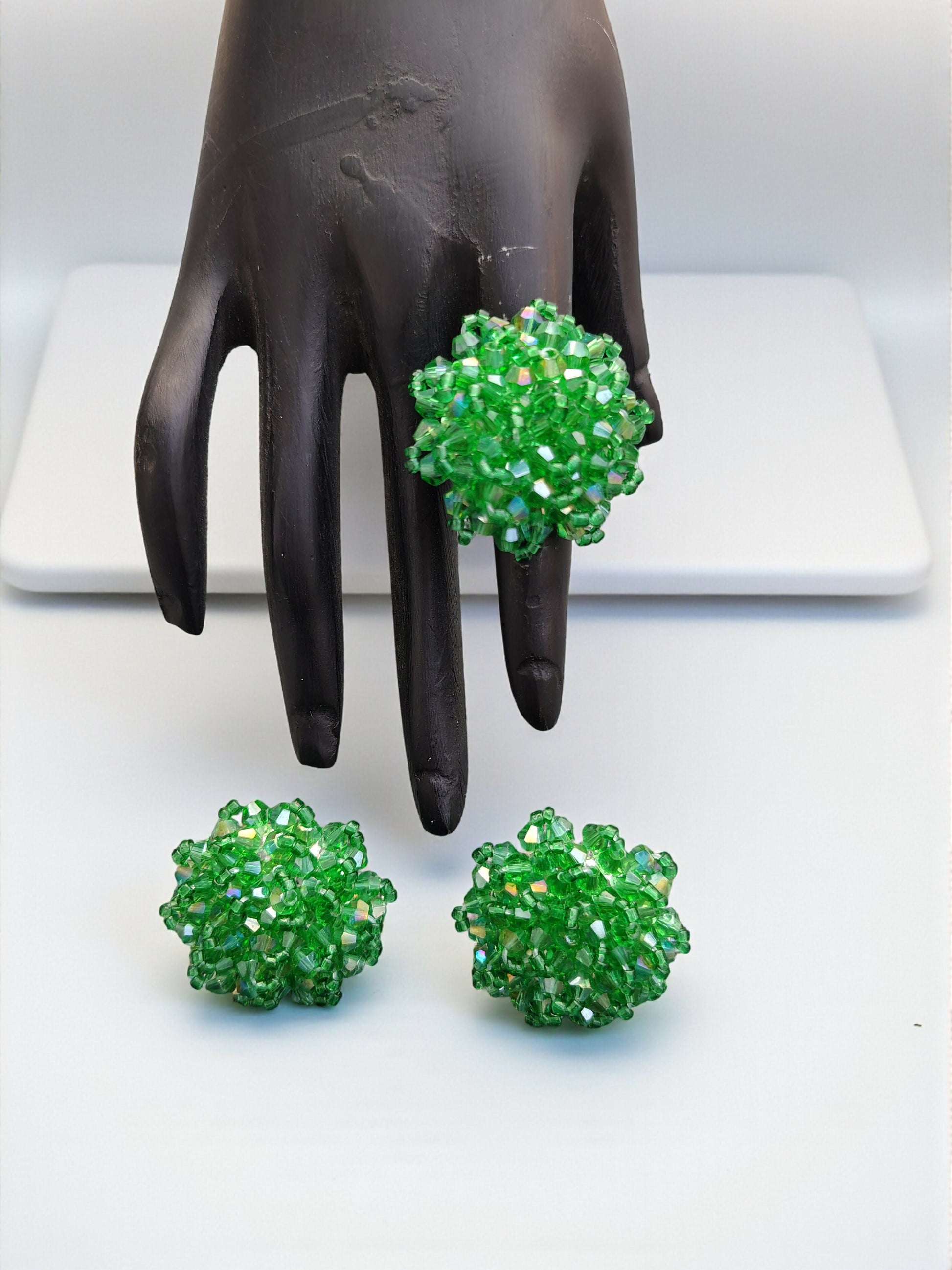 Inhanns Rangmani Crystal Duo – Adjustable Ring + Statement Earrings Set - Pista Green