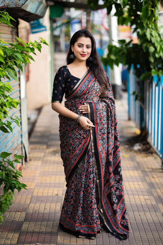 Black Cotton Blend Ajrak Saree with Unstitched Blouse - A2M