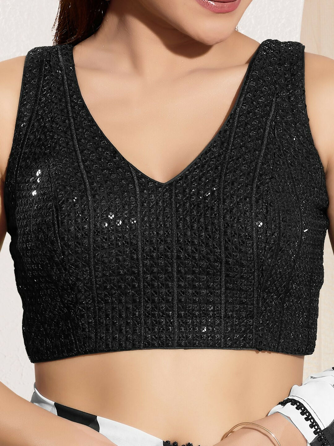 Joban Fashion Black Sequin Padded Blouse With V Neck Sleeveless