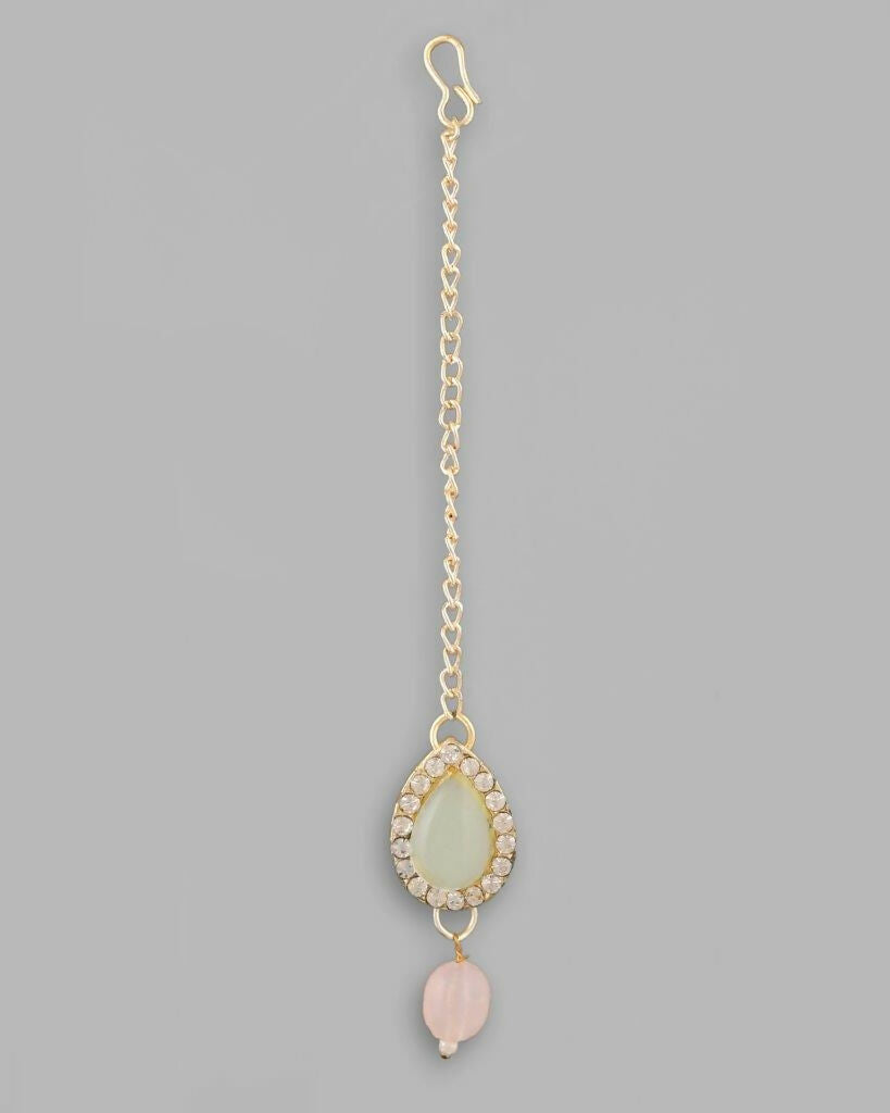 VOJ Gold Plated Nude Pink And Mint Green Stone Studded Jewellery Set With Maang Tikka - Grab2buy
