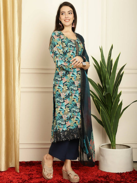 Aastha Fashion Women's Navy Blue Muslin Digital Printed with Embroidered Lace work Kurta with Trouser & Dupatta - Grab2buy