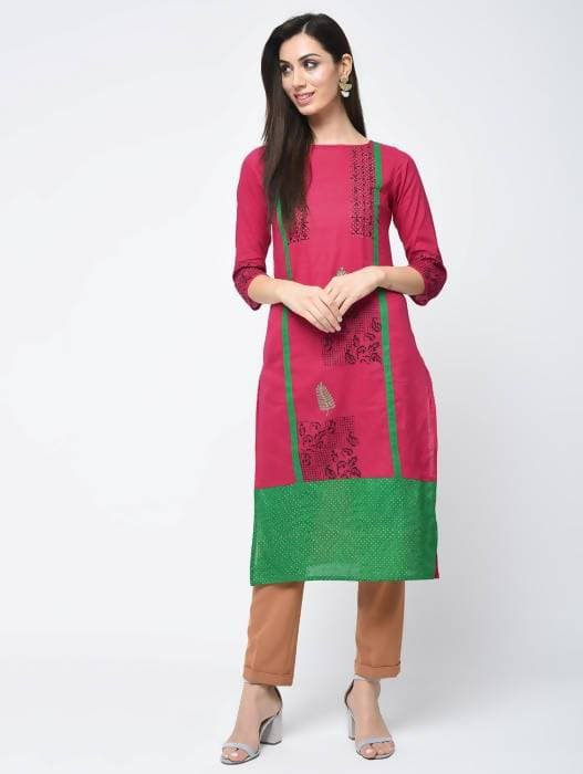 Aniyah Cotton Block Printed Straight Pink Kurta (AN-114K) | Grab2Buy