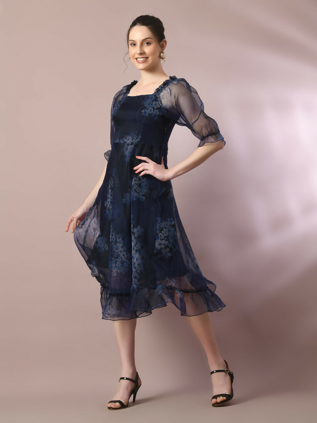Myshka Women's Navy Blue Printed Square Neck Fit and Flare Party Dress