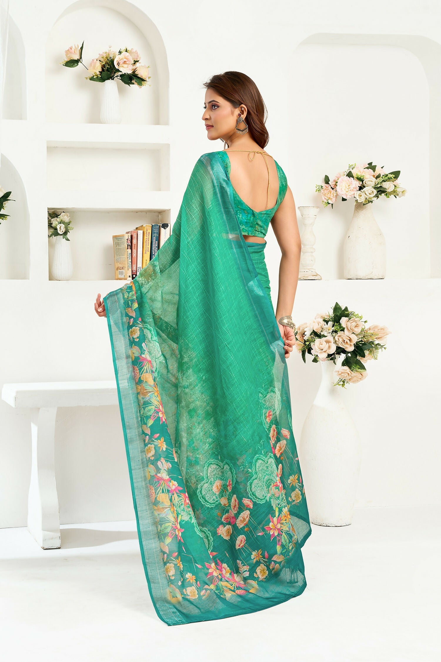 Joban Fashion Rama Green Floral Linen Ready To Wear Saree With Unstitched Blouse