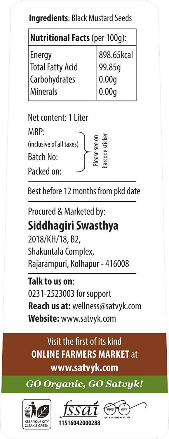 Siddhagiri's Satvyk Organic Wood Pressed Black Mustard Oil 1000 ml