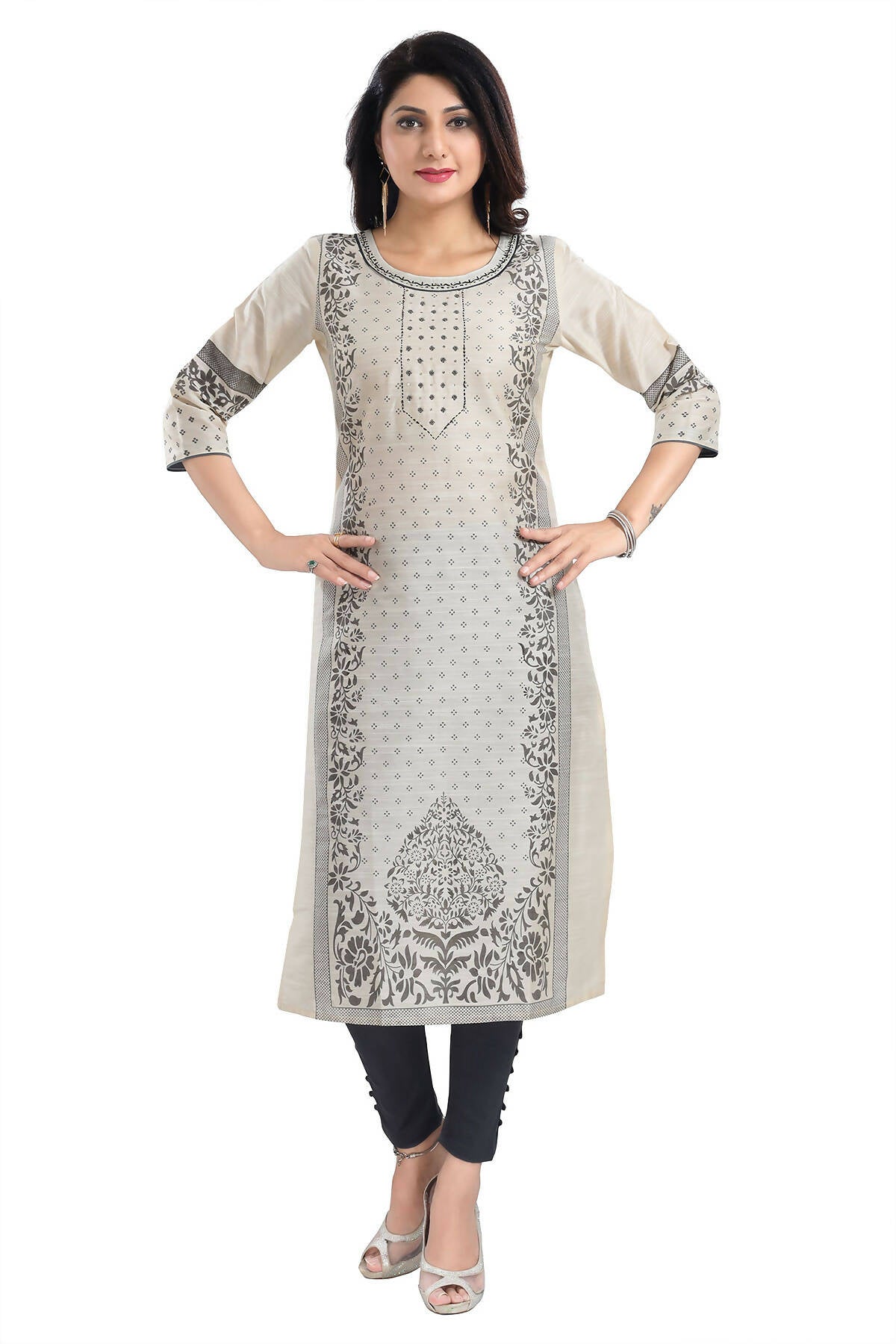 Snehal Creations Cream Raw Silk Block Print Long Kurta For Women