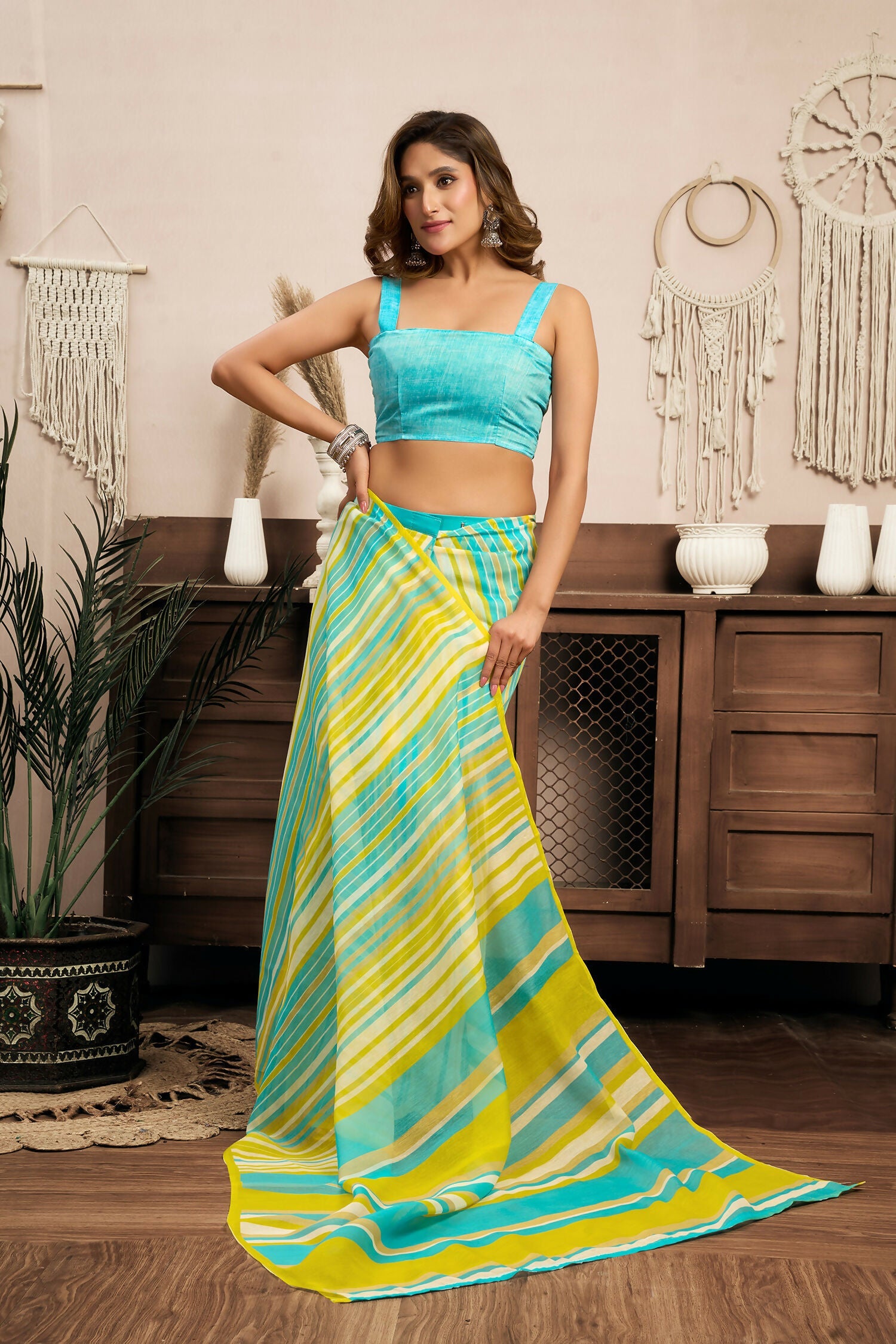 Joban Fashion Yellow Striped (Leheriya) Linen Ready To Wear Saree With Unstitched Blouse