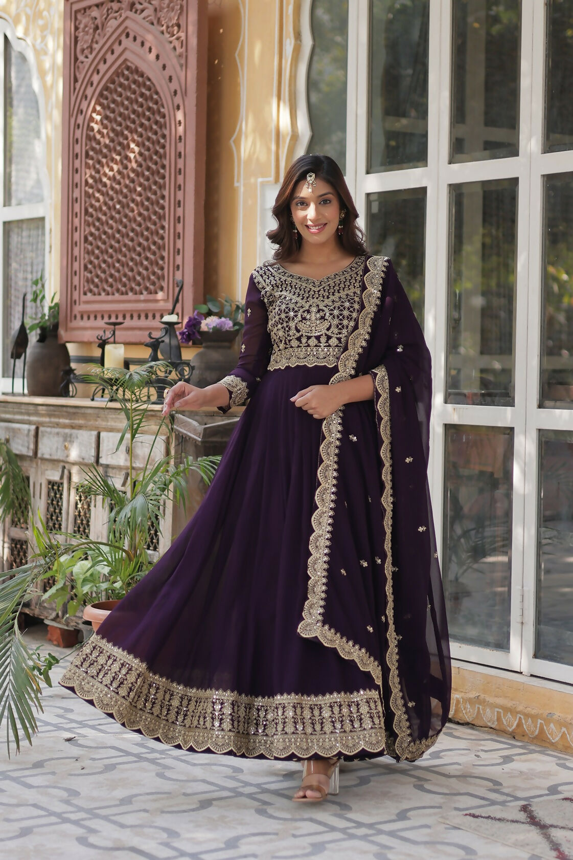 Joban Fashion Wine Georgette Sequence Embroidery Work Kurta Set