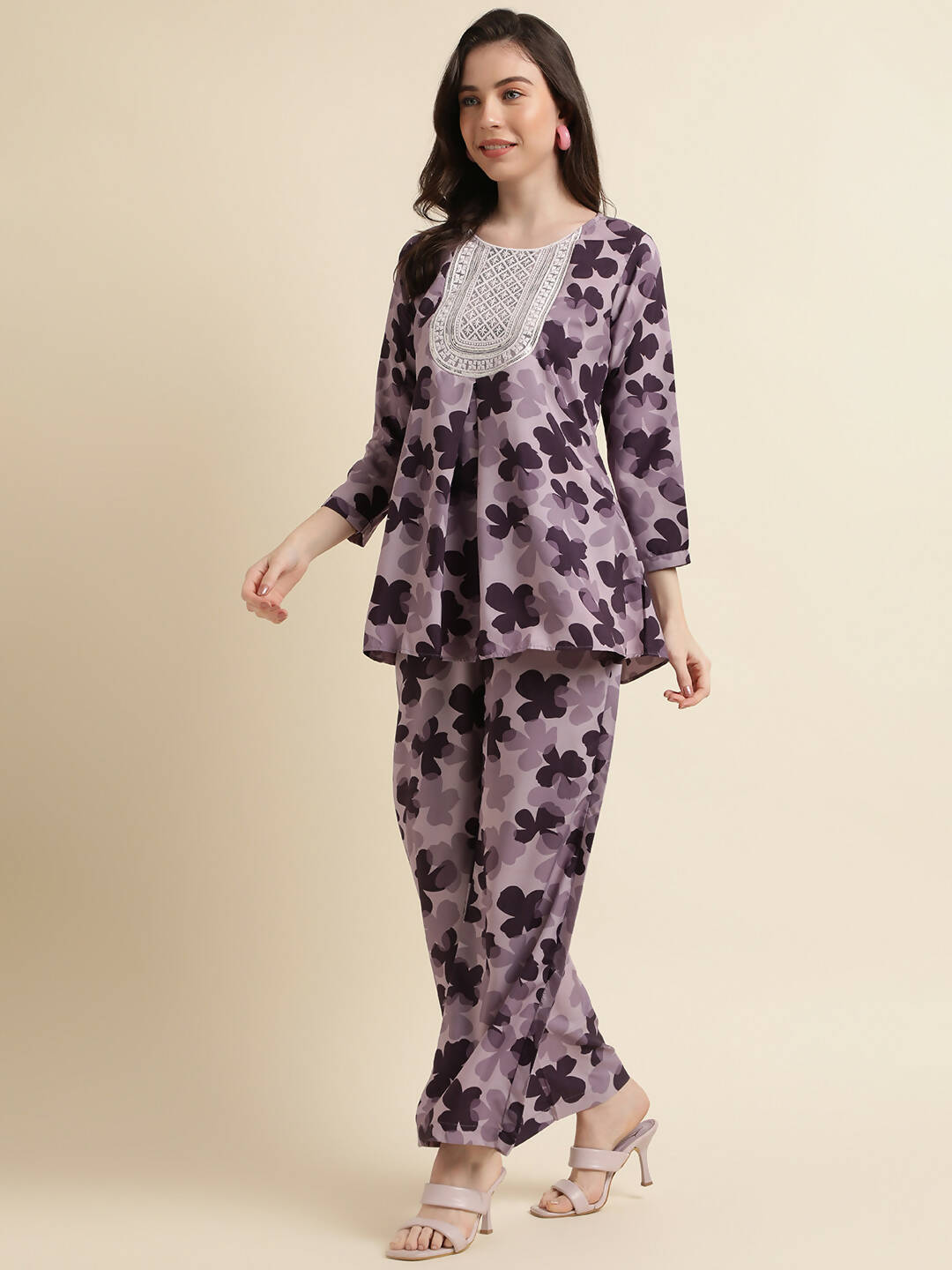 Purple Poly Crepe Digital Printed Top with Matching Bottom - Preeti