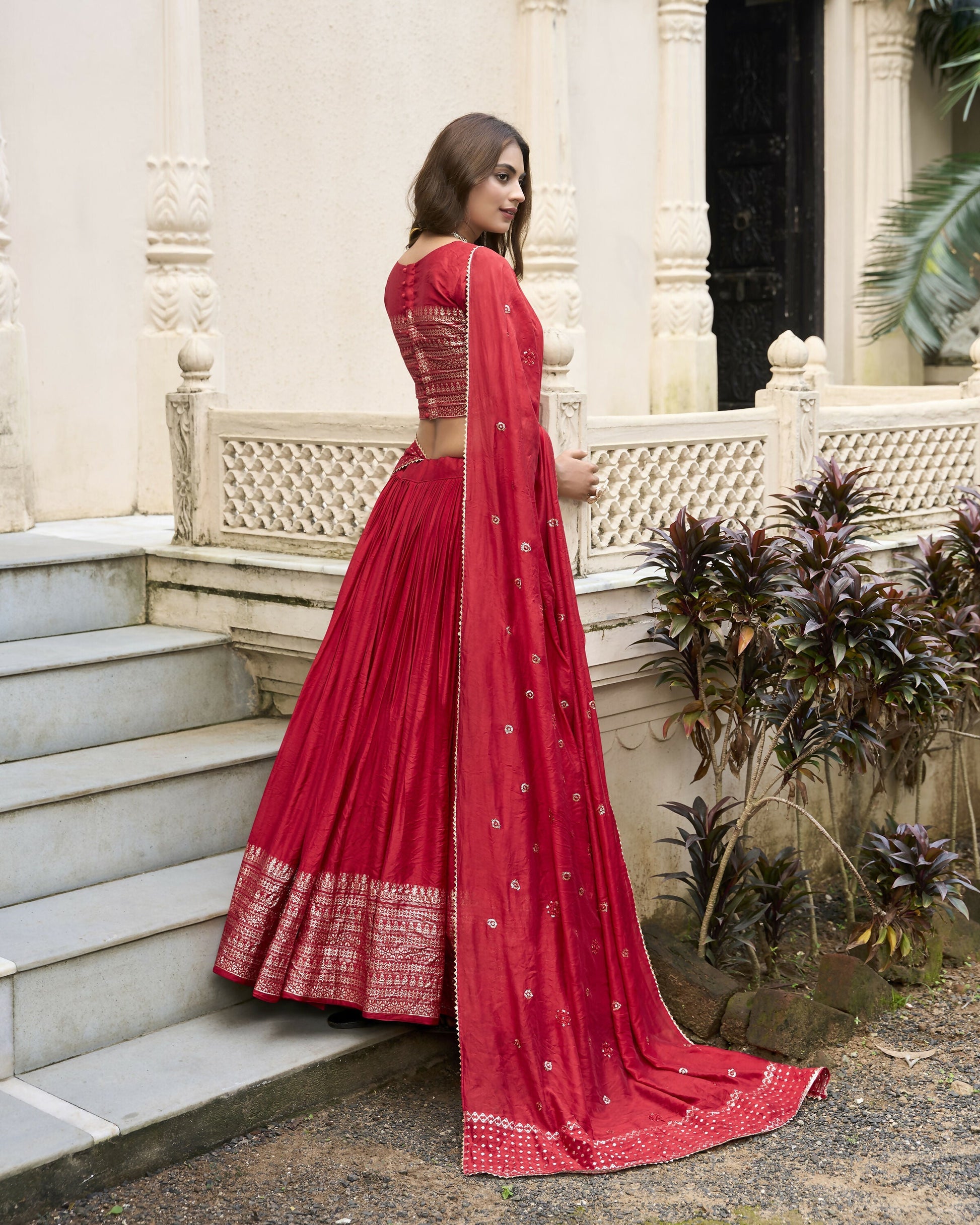 Lorenvalley Red Pure Chanderi Plain With Zari Weaving Work Border Lehenga Choli 