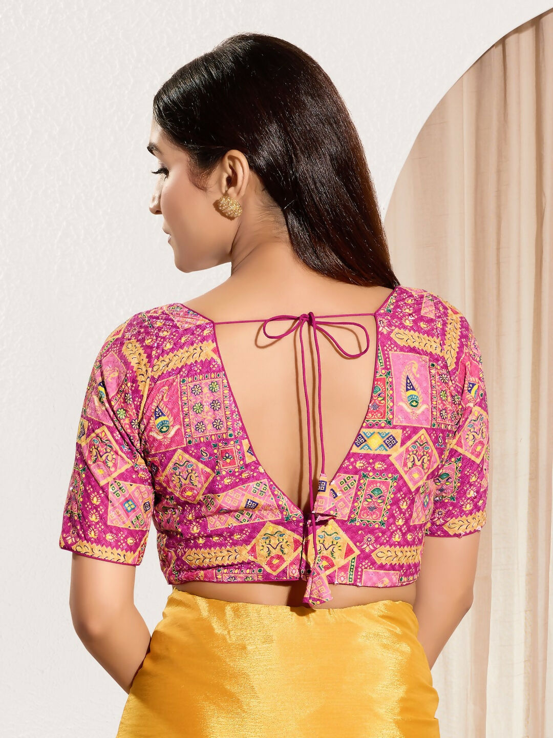Joban Fashion Pink Viscose Rayon Padded Blouse With V Neck Elbow Sleeves