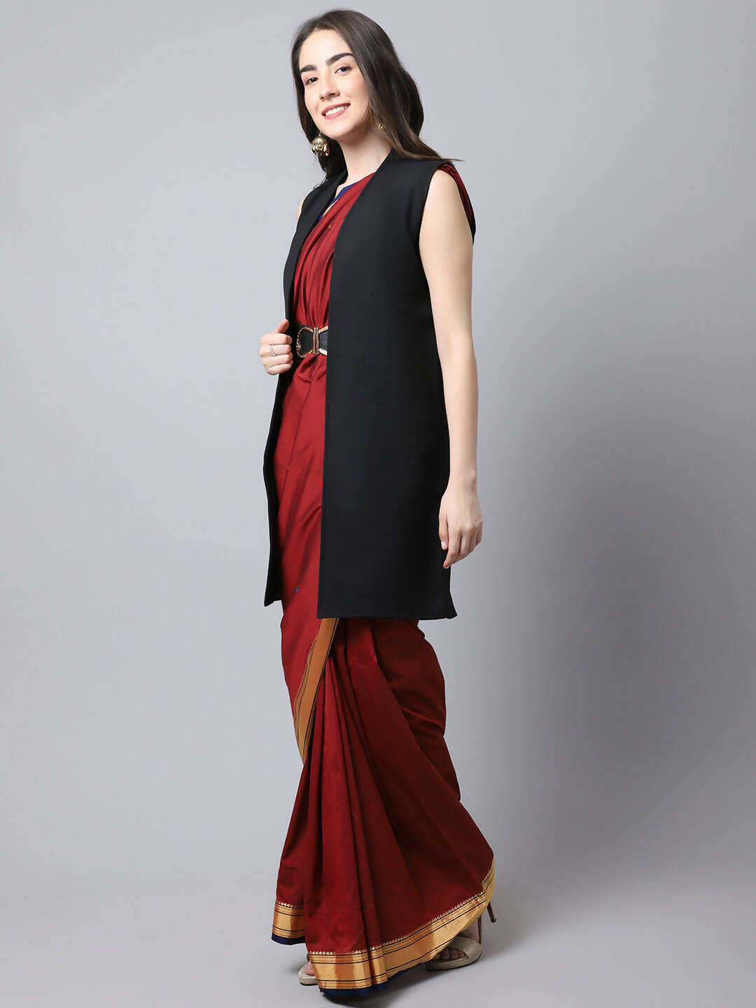 Even Apparels Black Polywool Open Front Women's Long Coat 