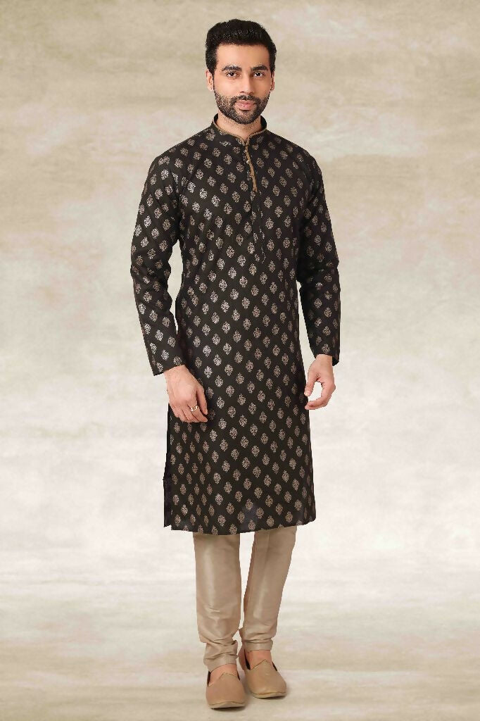 Raivat Ethnic Cotton Printed Work Kurta Pajama In Mehendi Green Colour