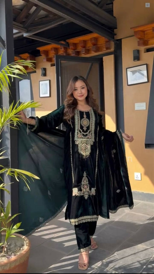 Joban Fashion Black Velvet Sequence Embroidery Work Kurta Set
