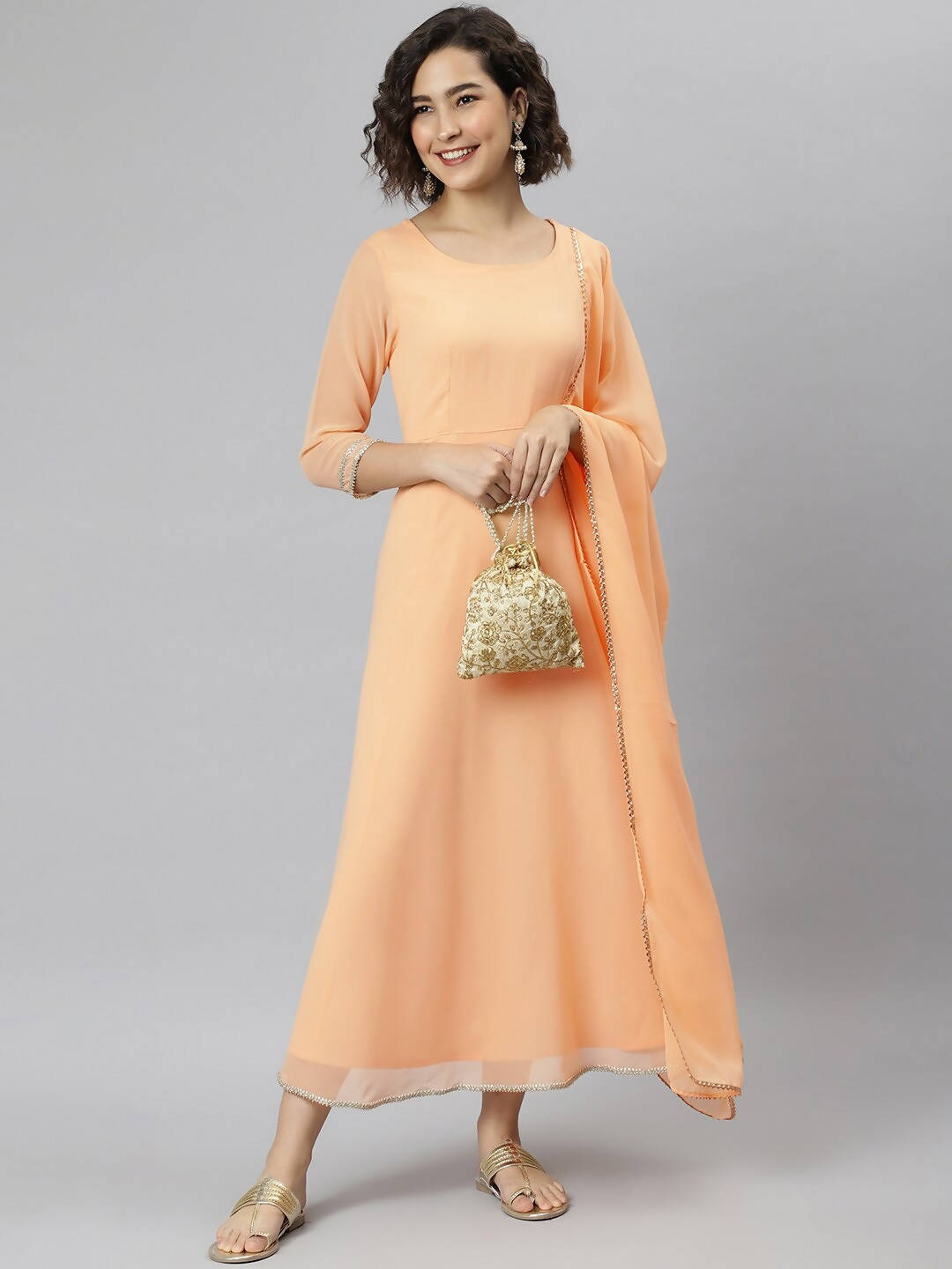 Janasya Women Peach-Coloured Flared Sleeves Georgette Anarkali Kurta