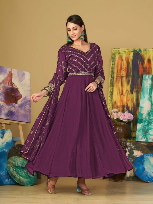 Jyoti Fashion Women's Purple Georgette Embroidered Anarkali Kurta Pant Set With Dupatta