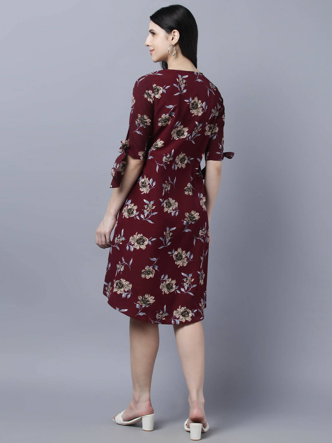 Myshka Women Burgundy Beige Floral Print A-line Dress