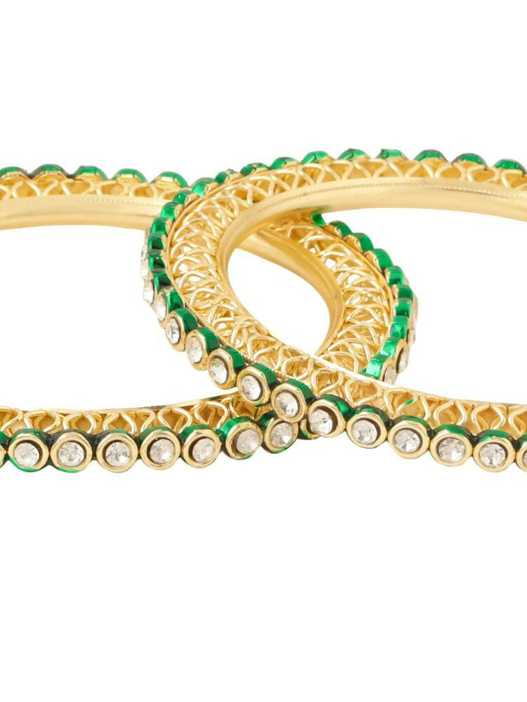 NVR Women Set of 2 Gold-Polished Green Kundan Studded Bangles 