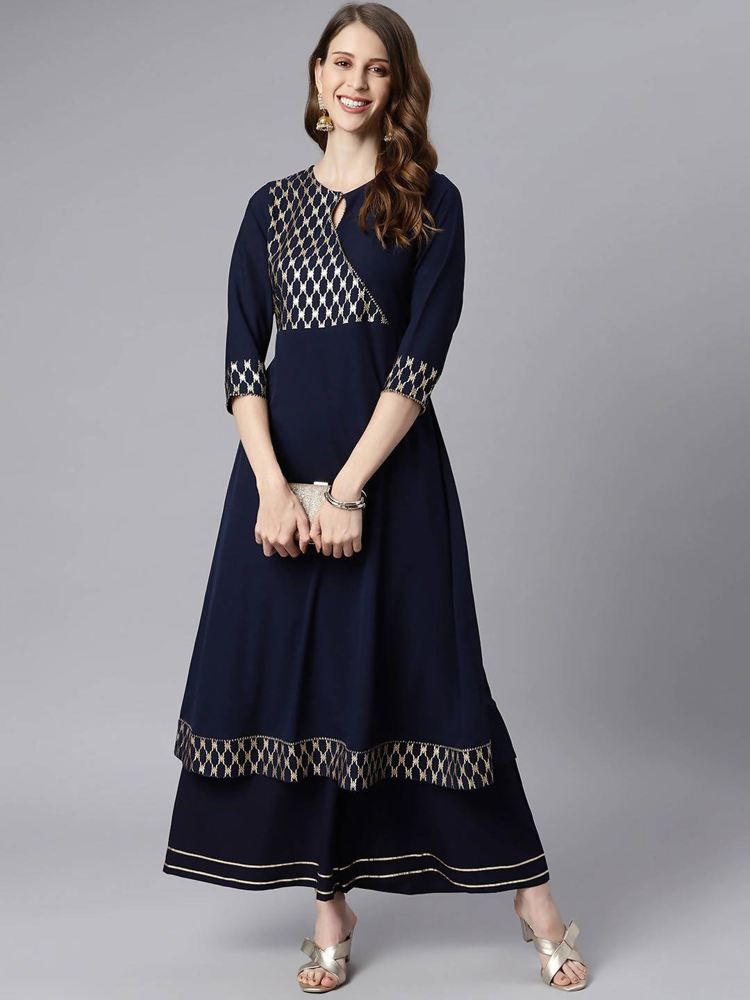 Janasya Women Navy Blue & Gold-Toned Printed Yoke Design Keyhole Neck Crepe Anarkali Kurta