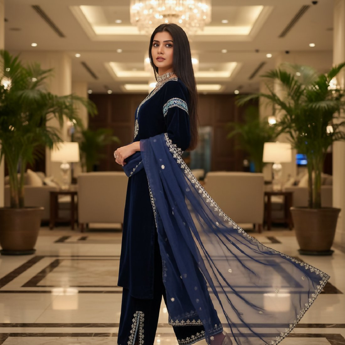 Joban Fashion Blue Velvet Embroidery Sequence Work Readymade Kurta Set