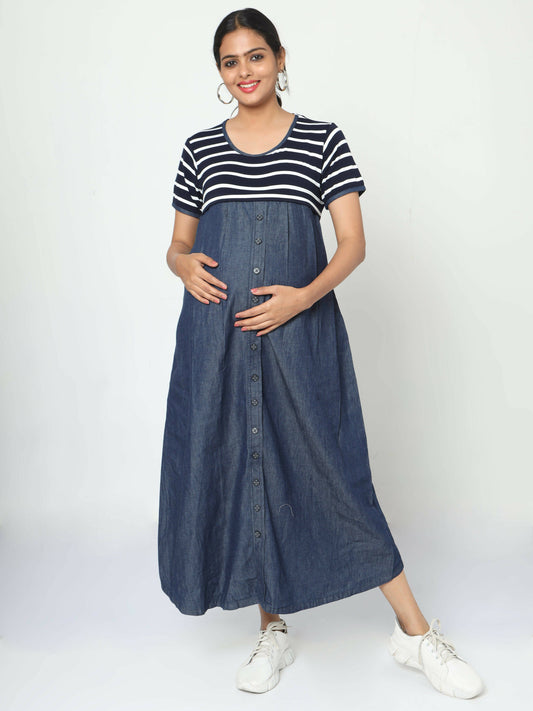 Manet Half Sleeves Maternity Dress White Striped With Concealed Zipper Nursing Access - Navy