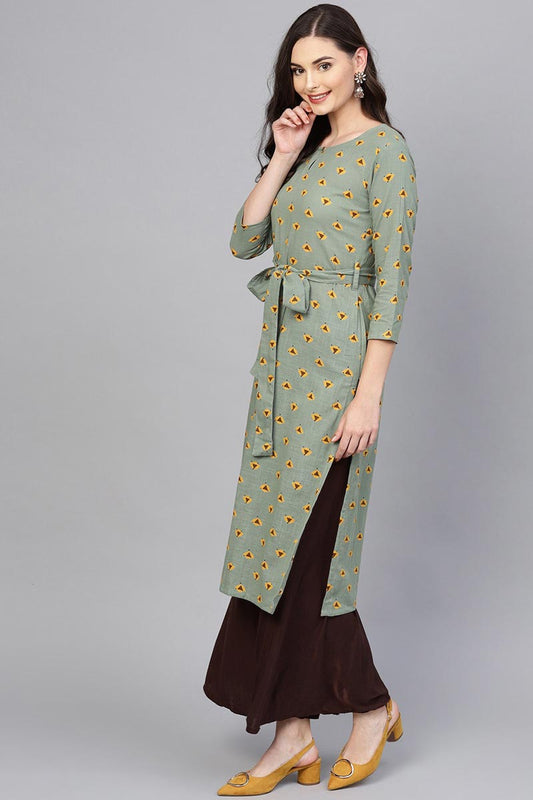 Ahika Women Festive Wear Cotton Fabric Green Color Printed Trendy Kurti