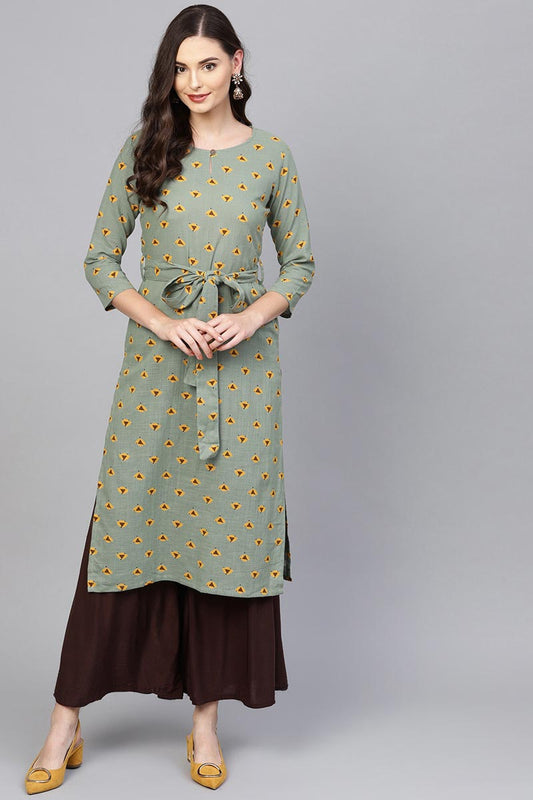 Ahika Women Festive Wear Cotton Fabric Green Color Printed Trendy Kurti